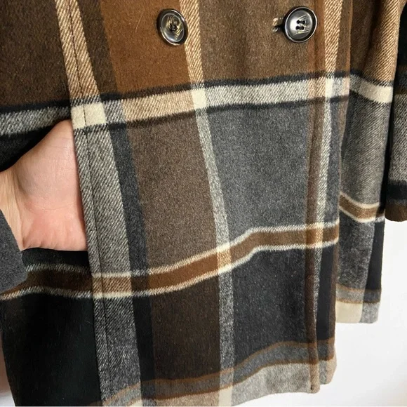 Elevenses Womens Wool blend Plaid Brown and Black Pea Coat Anthropologie size S - Picture 8 of 14